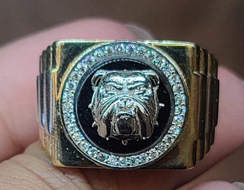 Yellow Gold Circular Ring With Bulldog Face and CZs