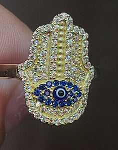 Yellow Gold Hamsa Hand Ring with CZs