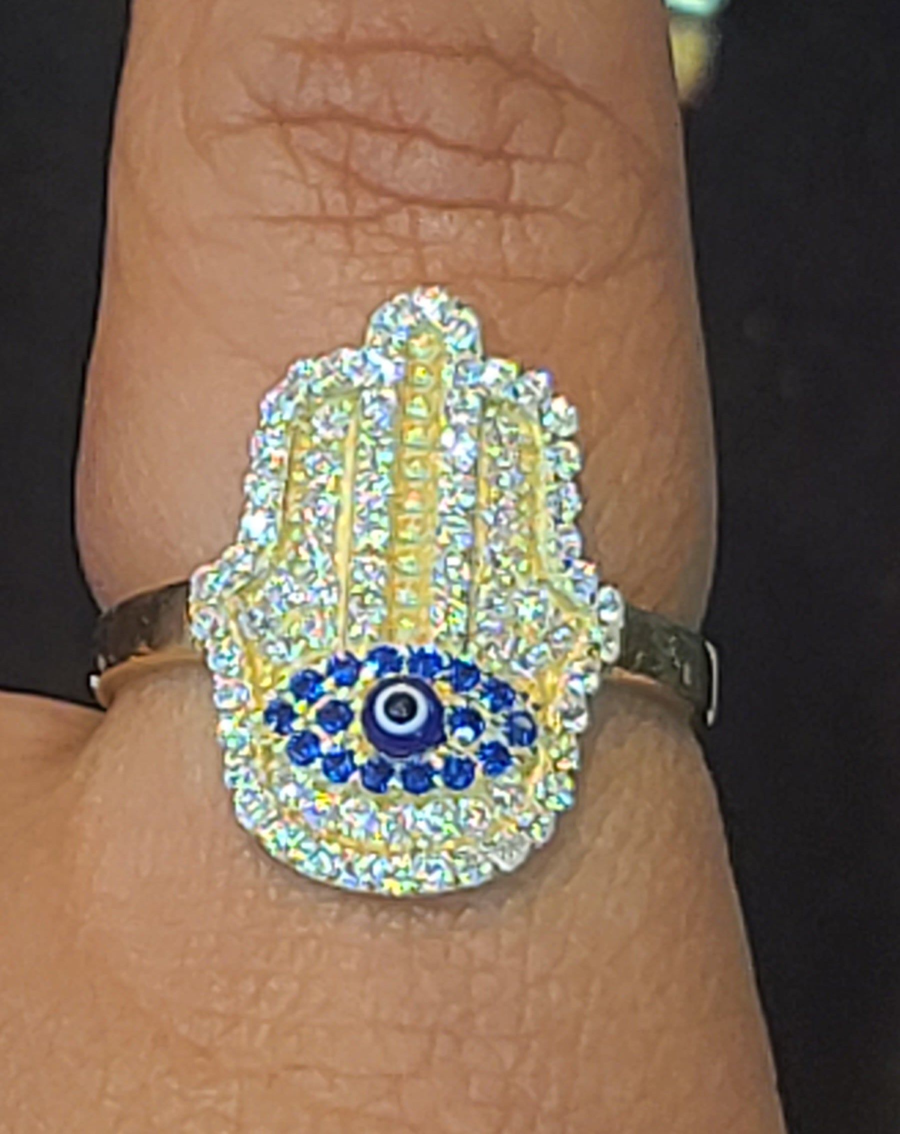 Yellow Gold Hamsa Hand Ring with CZs