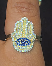 Load image into Gallery viewer, Yellow Gold Hamsa Hand Ring with CZs