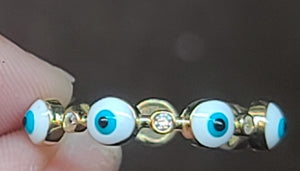 Yellow Gold Ring With White and Blue Ojito eyes