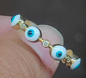 Yellow Gold Ring With White and Blue Ojito eyes