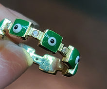 Load image into Gallery viewer, Yellow Gold Ring With Green Square Evil Eyes and CZs