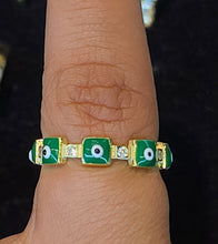 Load image into Gallery viewer, Yellow Gold Ring With Green Square Evil Eyes and CZs