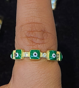 Yellow Gold Ring With Green Square Evil Eyes and CZs