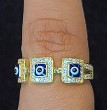 Load image into Gallery viewer, Yellow Gold Square Ring with Blue Ojito Eyes and CZs
