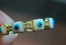 Load image into Gallery viewer, Yellow Gold Ring With White and Blue Square Evil Eyes and CZs