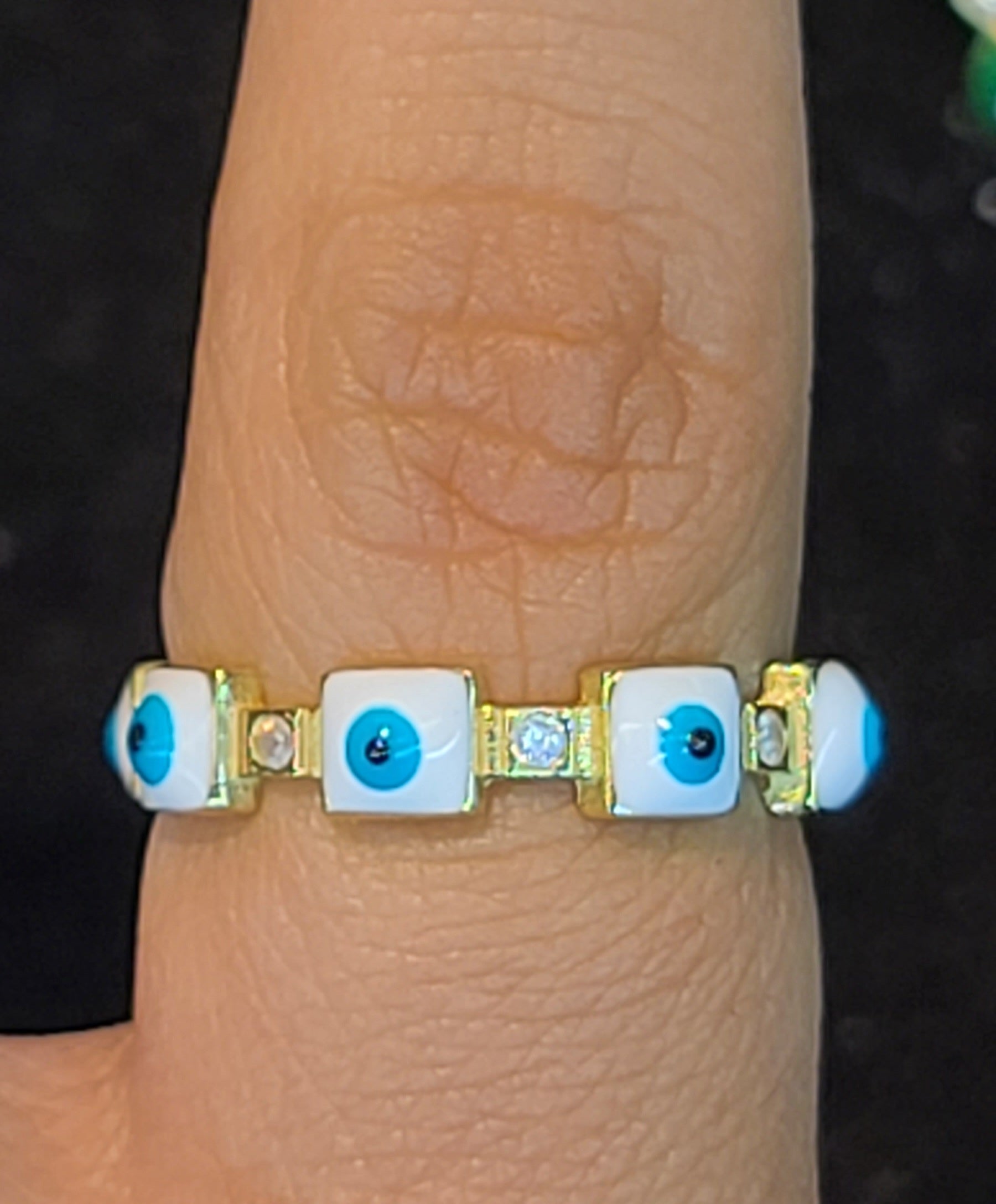 Yellow Gold Ring With White and Blue Square Evil Eyes and CZs