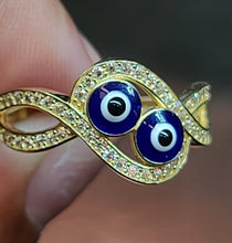 Load image into Gallery viewer, Yellow Gold Ring With Two Evil Eyes and CZs