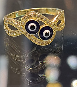 Yellow Gold Ring With Two Evil Eyes and CZs