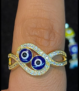 Yellow Gold Ring With Two Evil Eyes and CZs