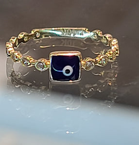 Yellow Gold Ring With Royal Blue Ojito Eye and CZs