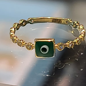 Yellow Gold Ring With Green Square Ojito and CZs