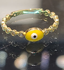 Yellow Gold Ring With Yellow Circle Evil Eye and CZs