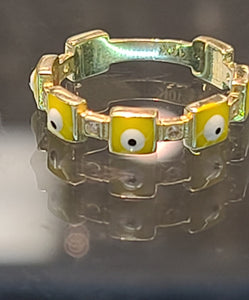 Yellow Gold Ring With Yellow Square Evil Eyes and CZs