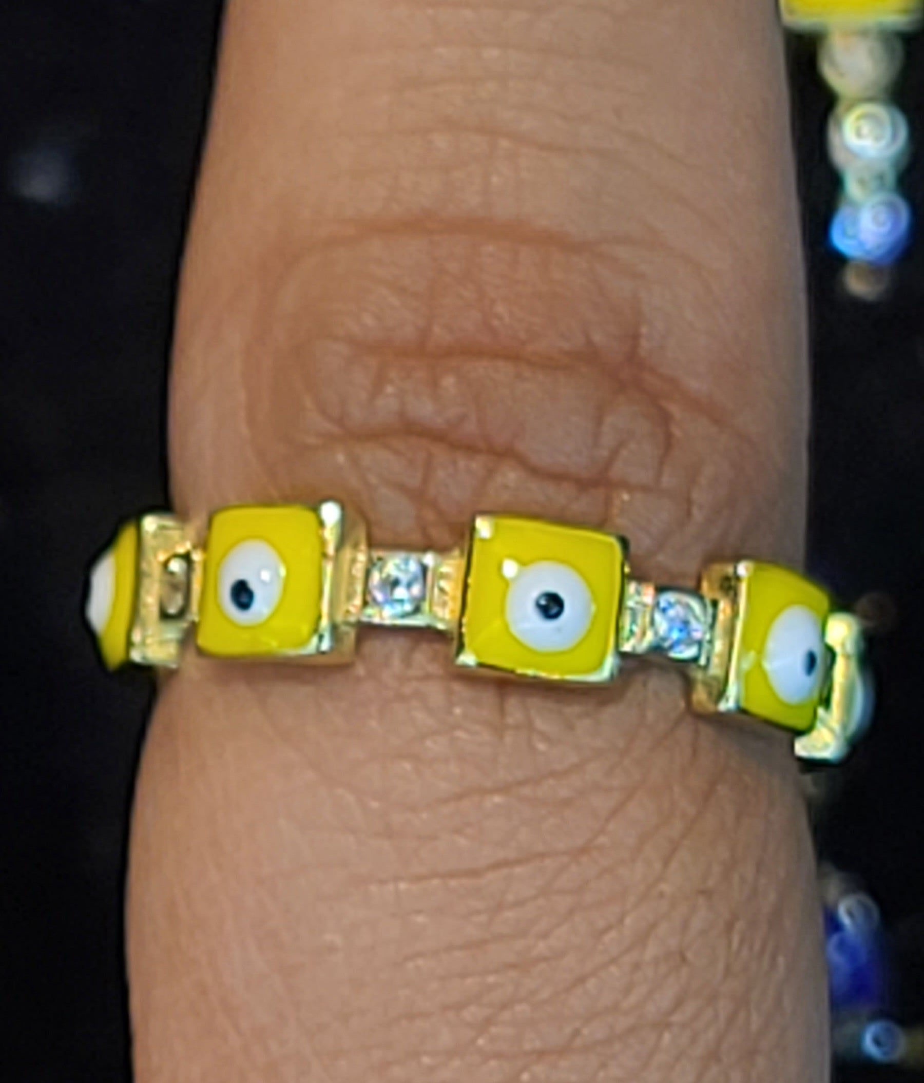 Yellow Gold Ring With Yellow Square Evil Eyes and CZs