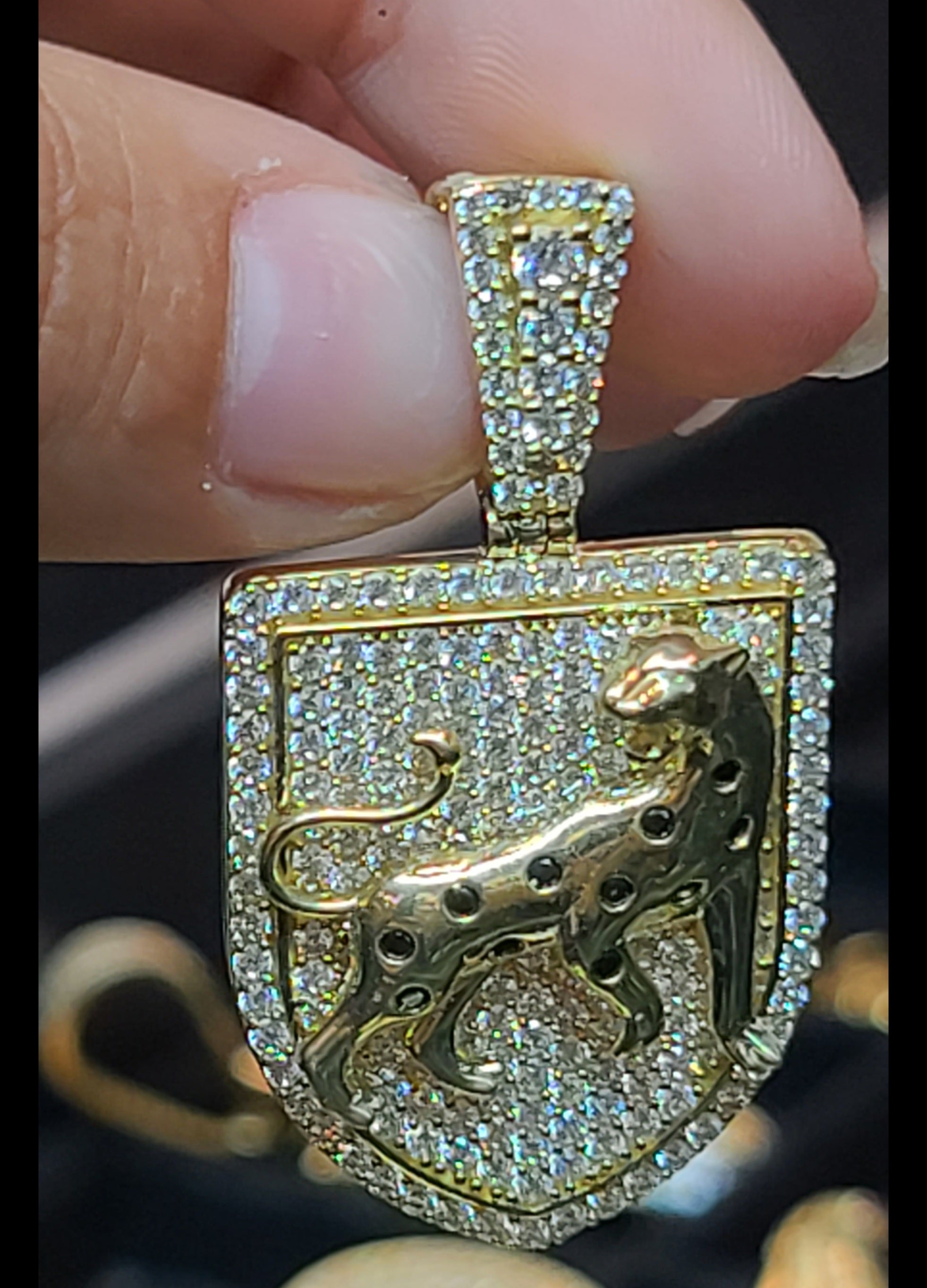 Yellow Gold Shield Shaped Pendant with Leopard and CZs