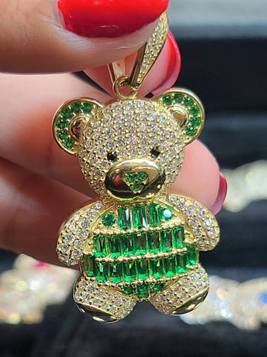 Large Yellow Gold Bear Pendant with CZs