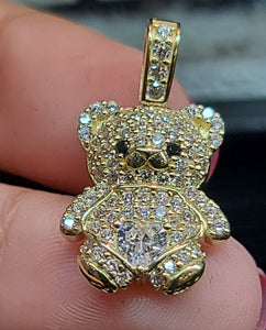 Yellow Gold Small Teddy Bear Pendant with CZs