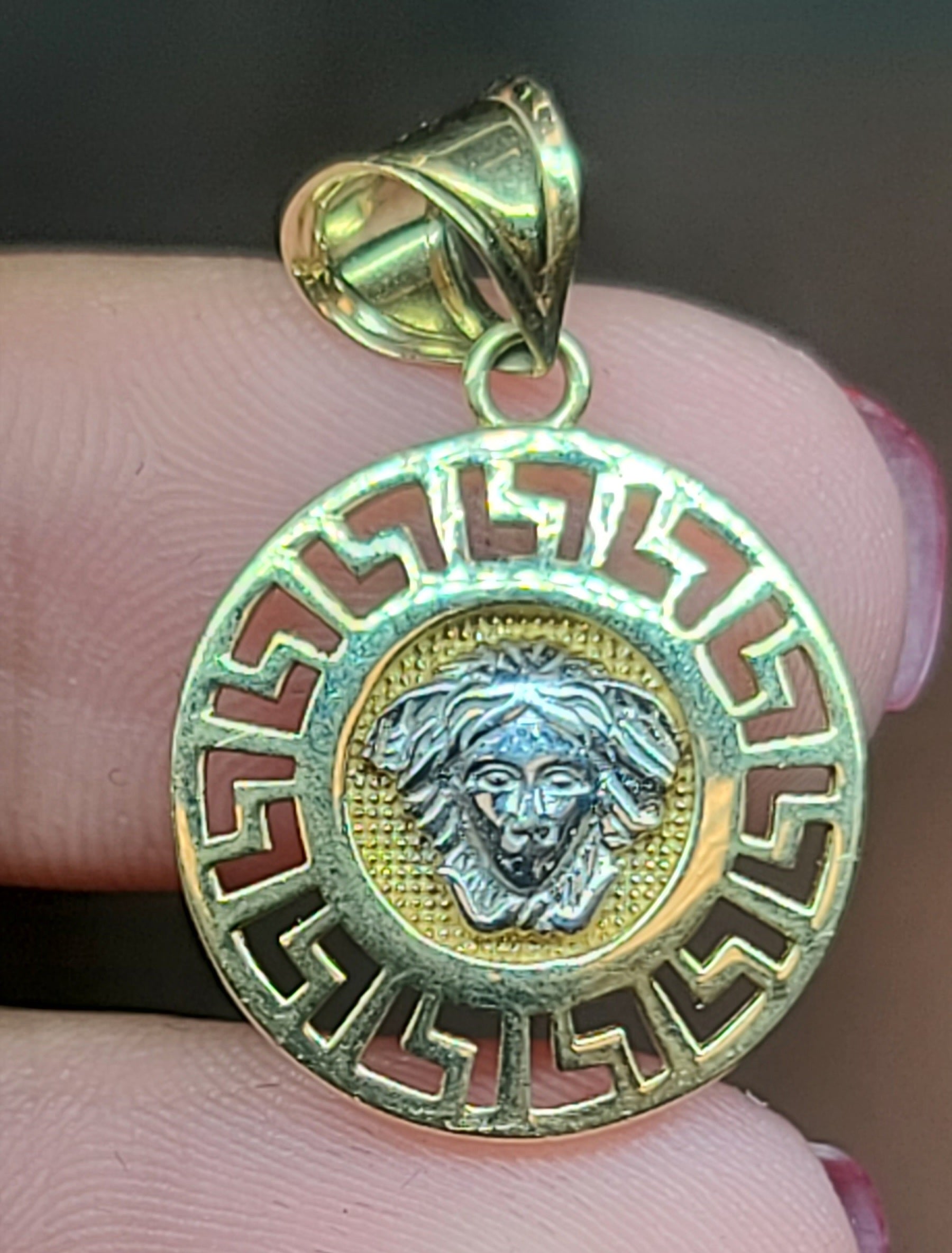 Small Yellow Gold Circular Pendant with Markings and Medusa