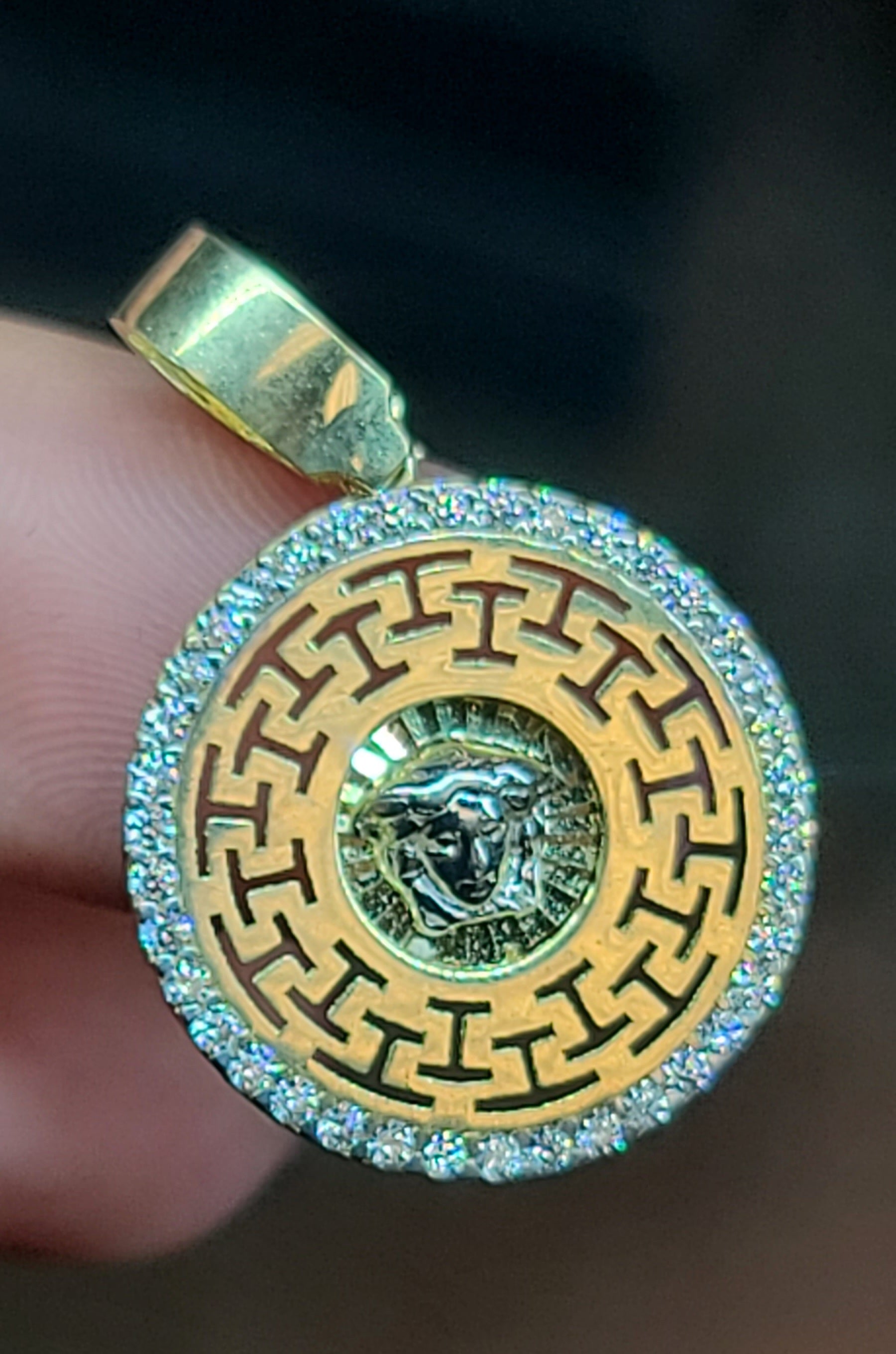 Small Yellow Gold Circular Pendant with CZs and Greek Markings