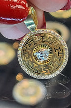 Load image into Gallery viewer, Small Yellow Gold Circular Pendant with CZs and Greek Markings