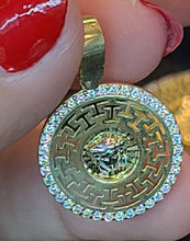 Load image into Gallery viewer, Small Yellow Gold Circular Pendant with CZs and Greek Markings