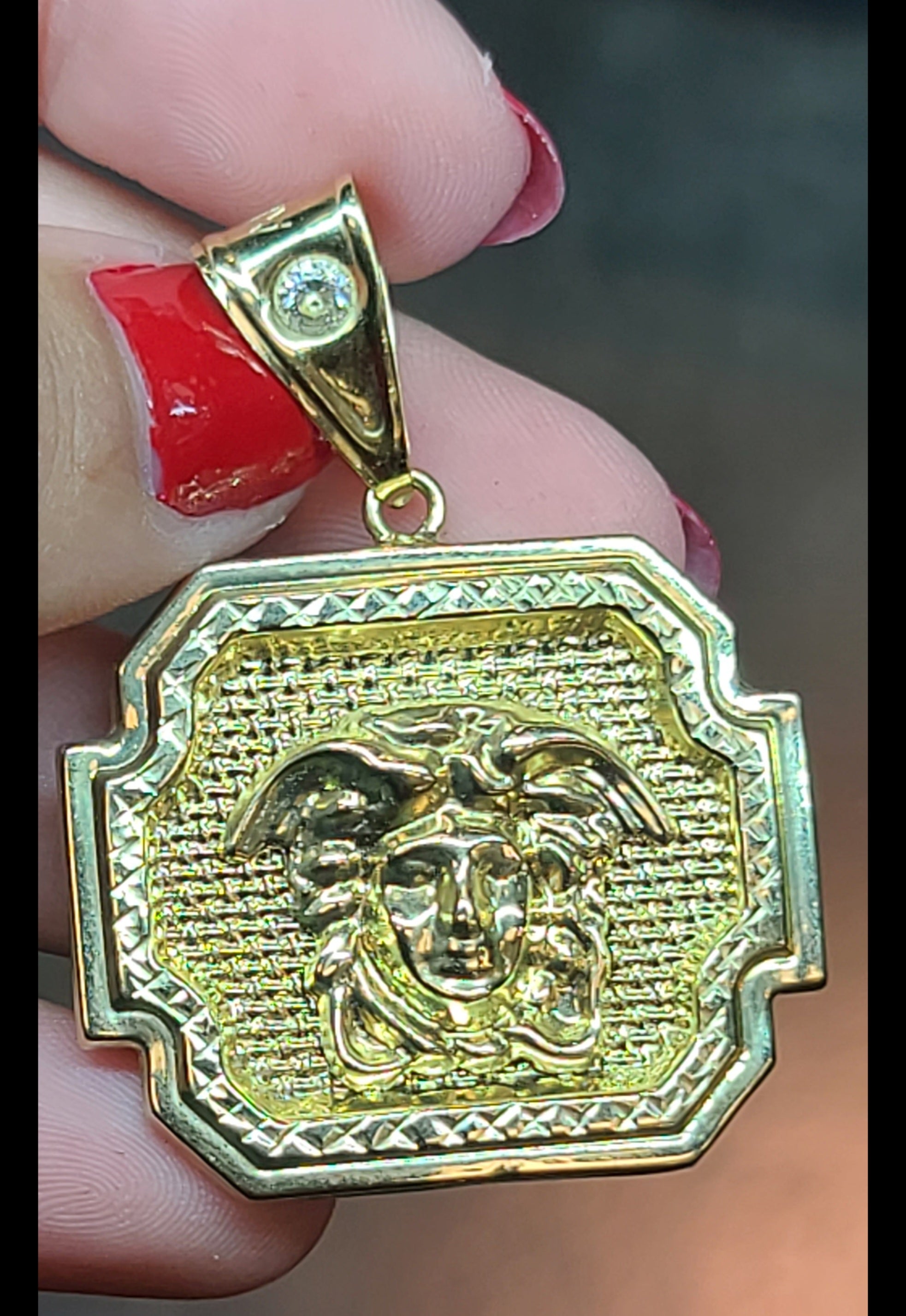 Yellow Gold Square Pendant with Medusa Face