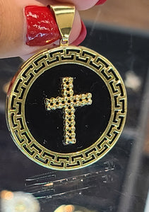 Yellow Gold Circular Pendant with Cross and Markings