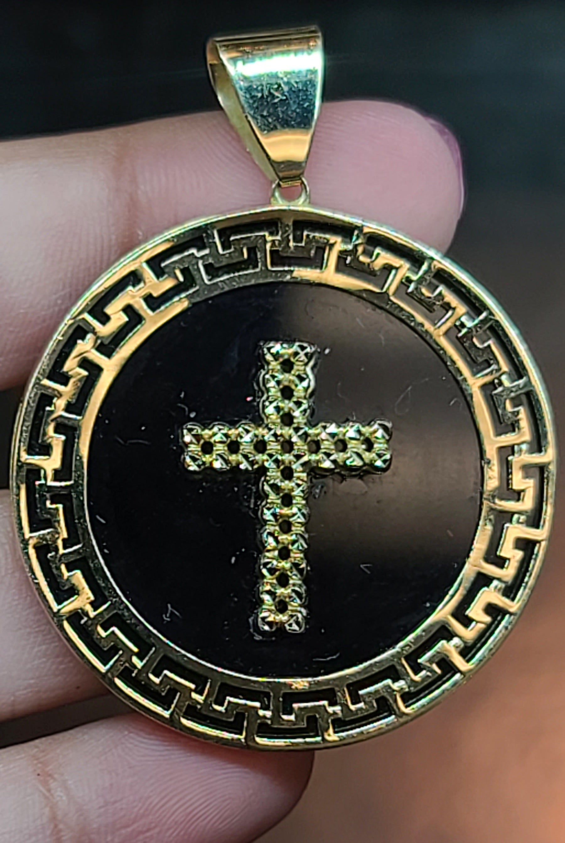 Yellow Gold Circular Pendant with Cross and Markings