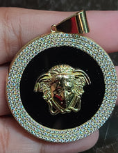 Load image into Gallery viewer, Large Yellow Gold Circular Pendant with CZs and Medusa Face