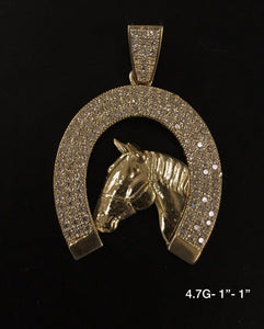 Horse head with Horseshoe with stones pendant 10K solid gold