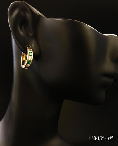 Small hoop with green stones earrings 10K solid gold