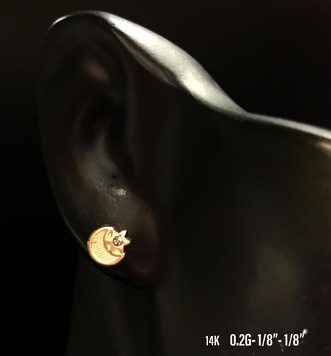 Moon with star stud Earrings 14K solid gold