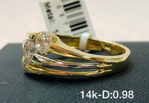 .98CT Swirl Three Stone Diagonally Set Diamond Ring In 14K Yellow Gold