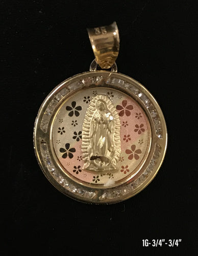 Tri-Color Virgin Mary circular frame with stones pendant 10K solid gold
