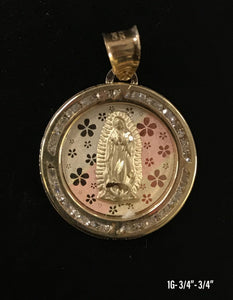 Tri-Color Virgin Mary circular frame with stones pendant 10K solid gold