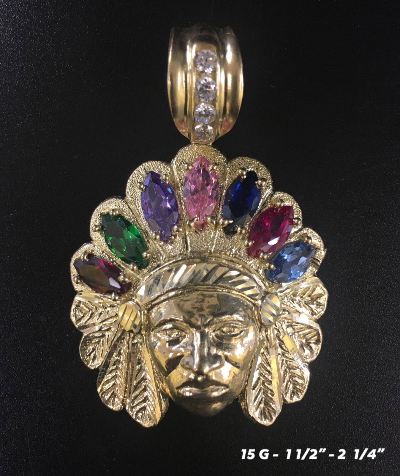 Native American Head with colorful stones pendant 10K solid gold
