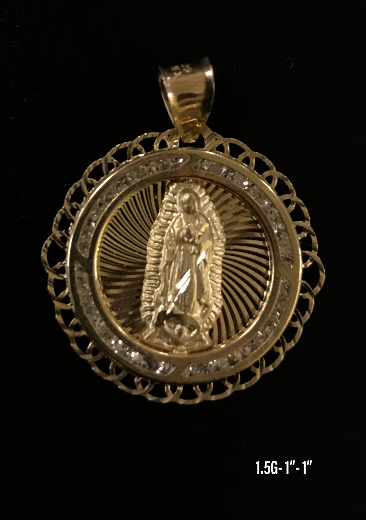 Virgin Mary circular frame with stones pendant 10K solid gold
