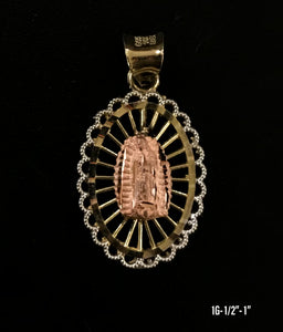 Virgin Mary oval frame with stones pendant 10K solid gold