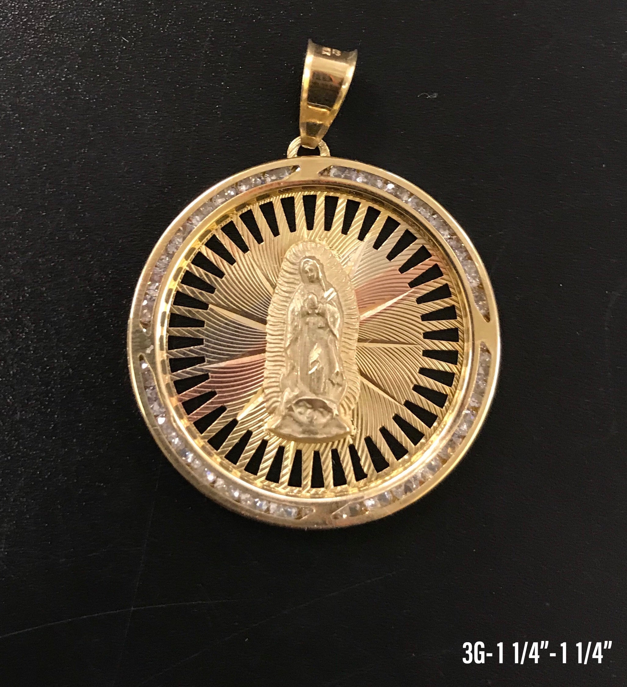 Tri-Color Virgin Mary circular frame with stones pendant 10K solid