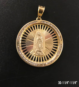 Tri-Color Virgin Mary circular frame with stones pendant 10K solid gold
