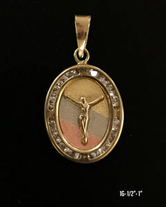Tri-Color Crucifix oval frame with stones pendant 10K solid gold