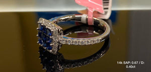 1.07Ct 14K White Gold Blue Sapphire Princess Cut Halo Ring