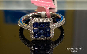 1.07Ct 14K White Gold Blue Sapphire Princess Cut Halo Ring