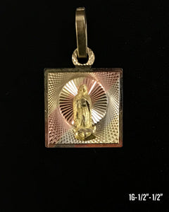 Tri-Color Virgin Mary square frame pendant 10K solid gold