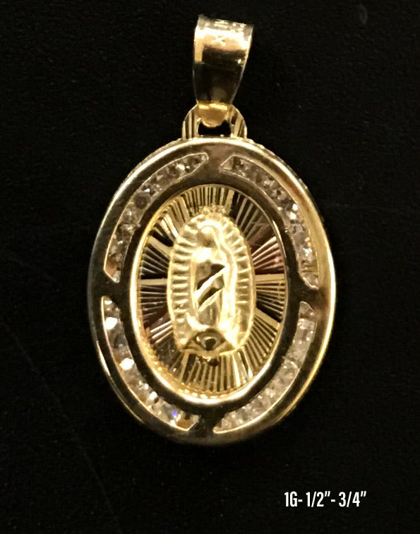 Virgin Mary oval frame with stones pendant 10K solid gold