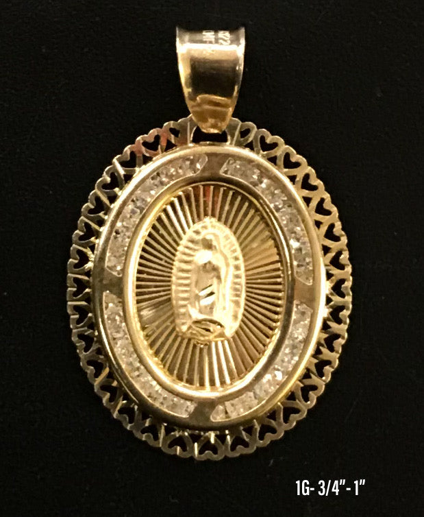 Virgin Mary oval frame with stones pendant 10K solid gold